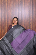Baswada Cotton Saree SLM-BSW-0014 - Black with a purple pallu - front view