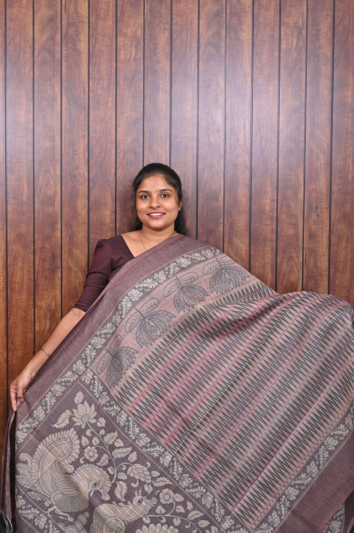 Baswada Cotton Saree SLM-BSW-0015 - Taupe with stripes and a printed border - front view