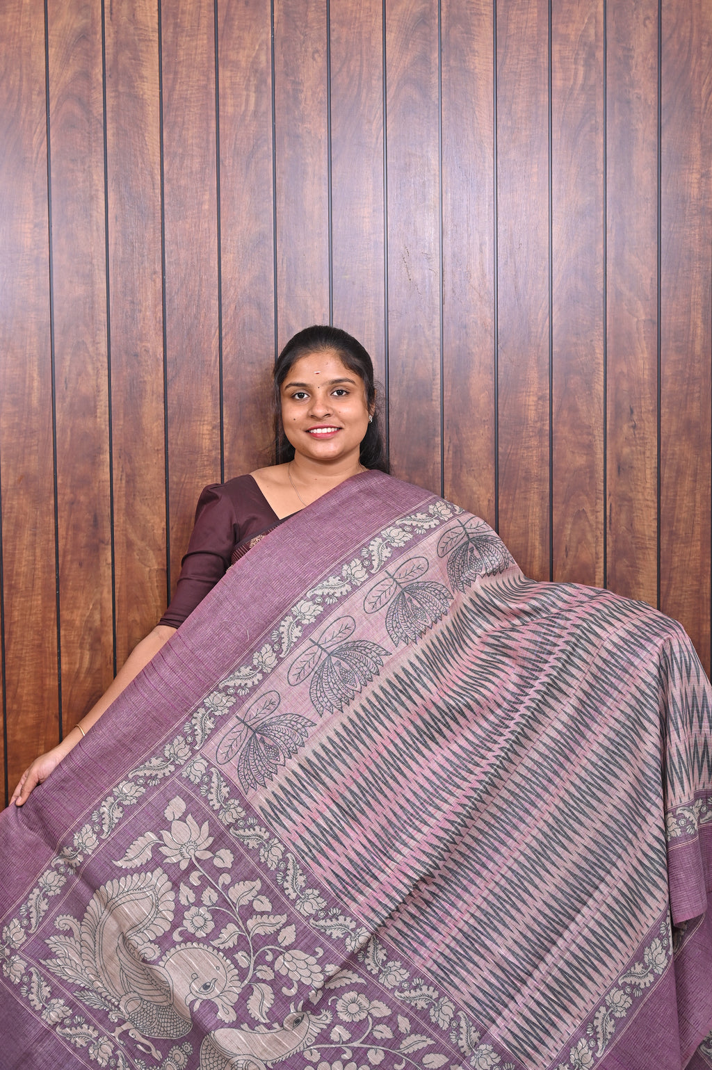 Baswada Cotton Saree SLM-BSW-0016 - Mauve with stripes and a printed border - front view