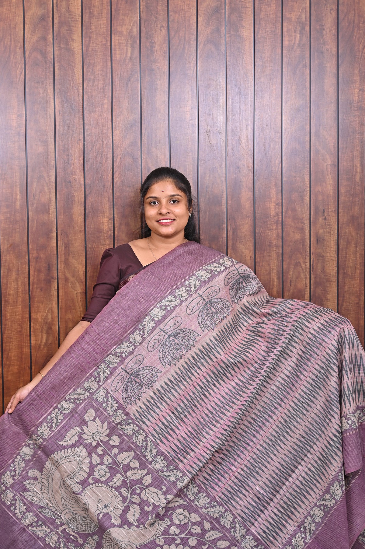 Baswada Cotton Saree SLM-BSW-0016 - Mauve with stripes and a printed border - front view