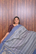 Baswada Cotton Saree SLM-BSW-0017 - Blue-grey with stripes and a printed border - front view