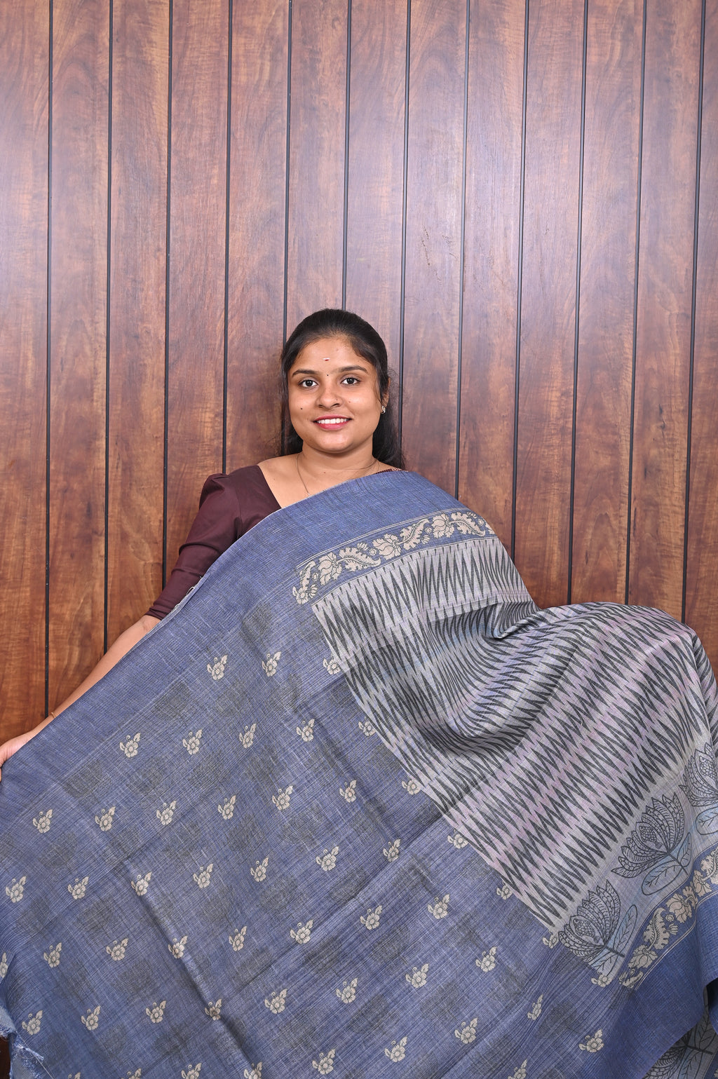 Baswada Cotton Saree SLM-BSW-0017 - Blue-grey with stripes and a printed border - second view