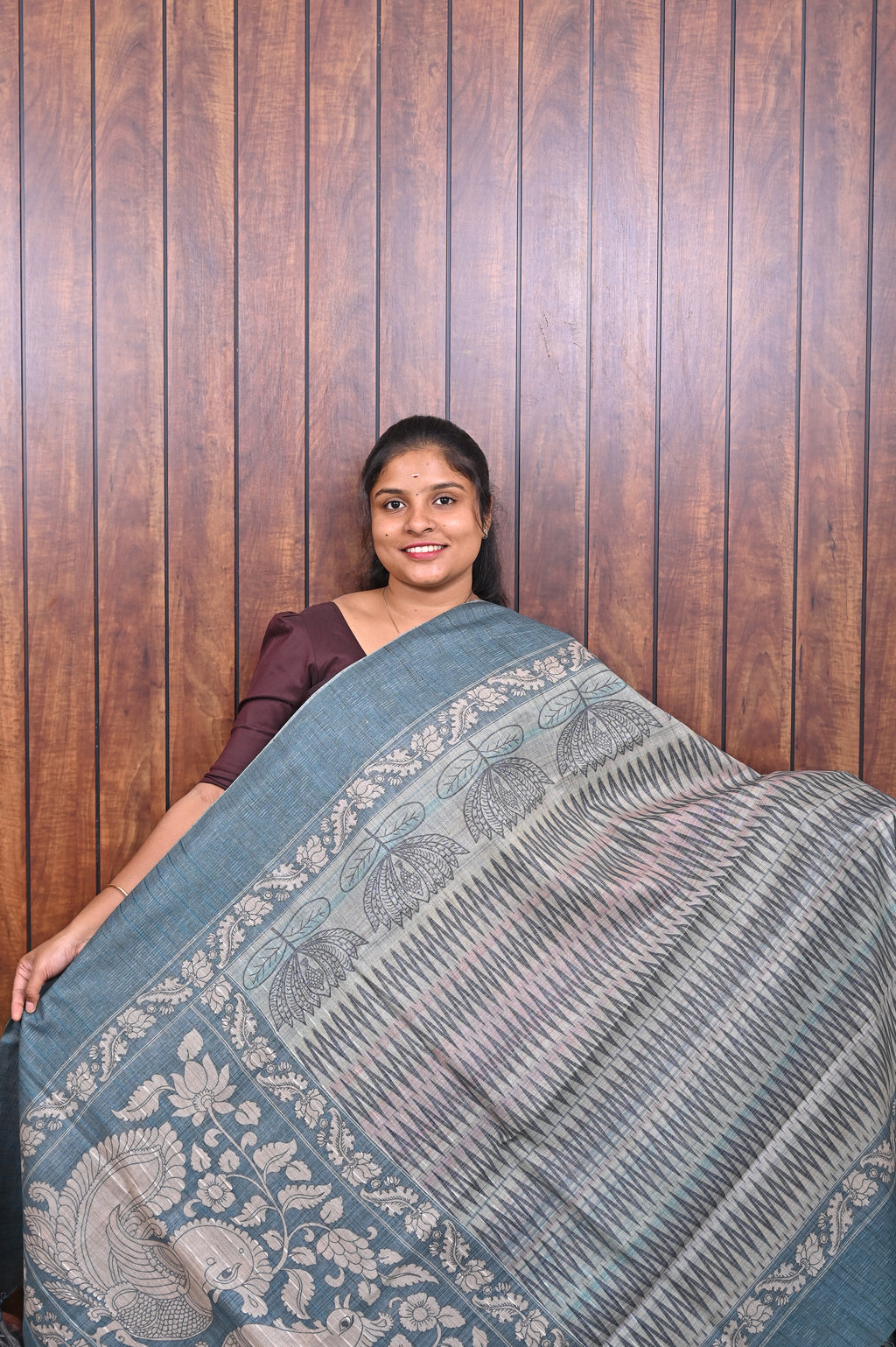 Baswada Cotton Saree SLM-BSW-0018 - Teal grey with stripes and a printed border - front view