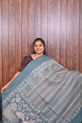 Baswada Cotton Saree SLM-BSW-0018 - Teal grey with stripes and a printed border - front view