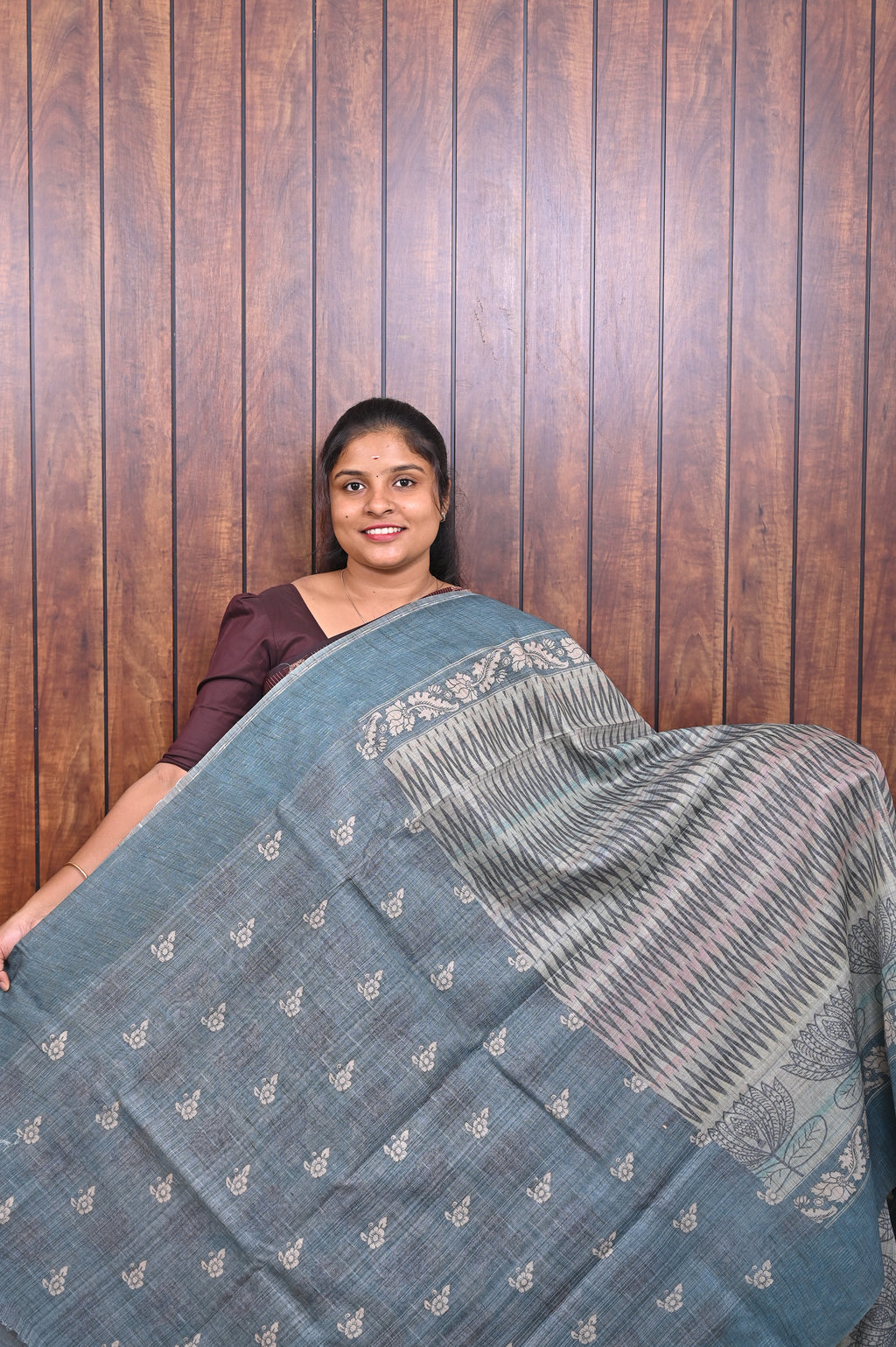 Baswada Cotton Saree SLM-BSW-0018 - Teal grey with stripes and a printed border - second view