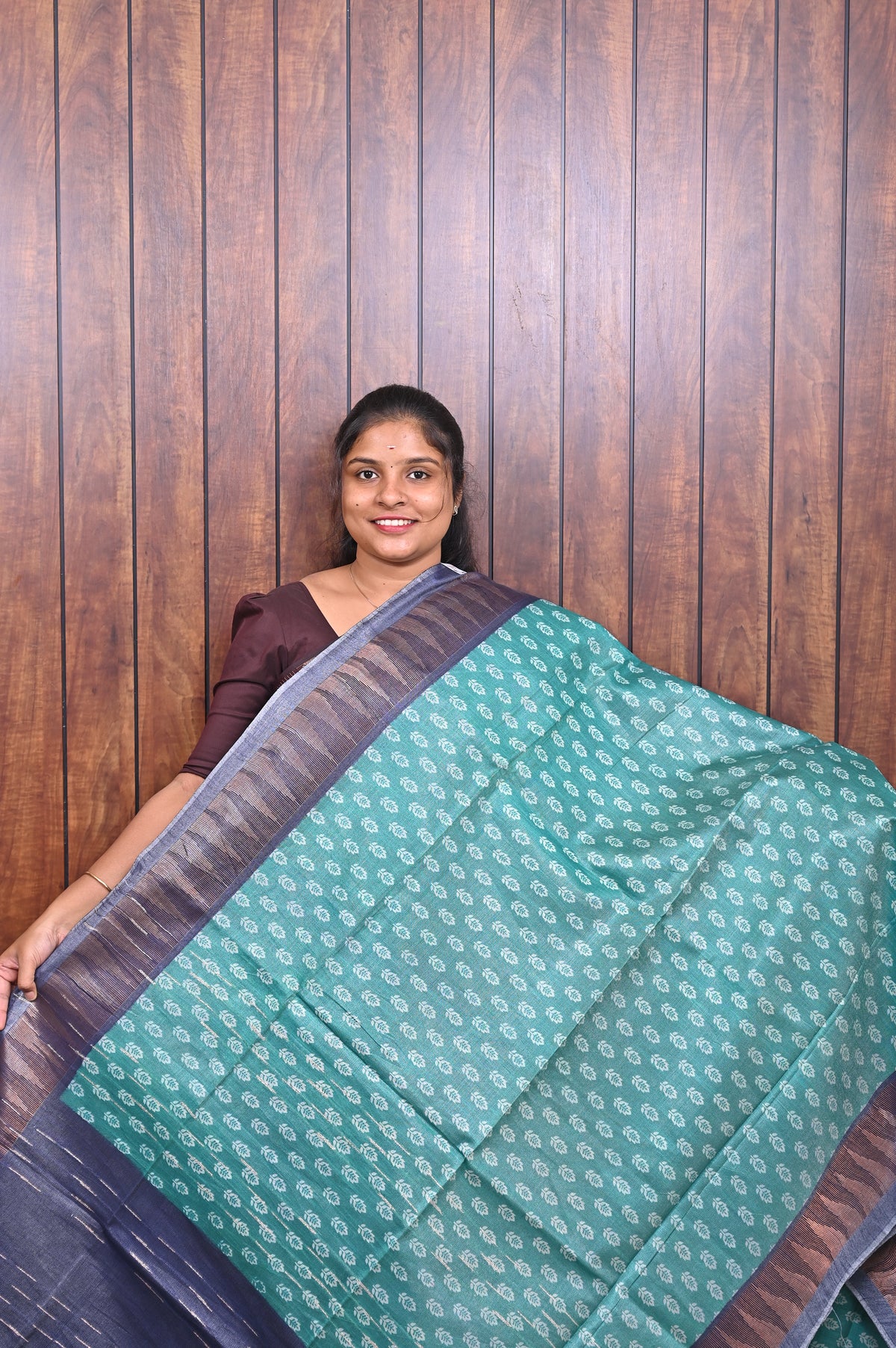 Baswada Cotton Saree SLM-BSW-0019 - Turquoise with an all-over butta print - front view