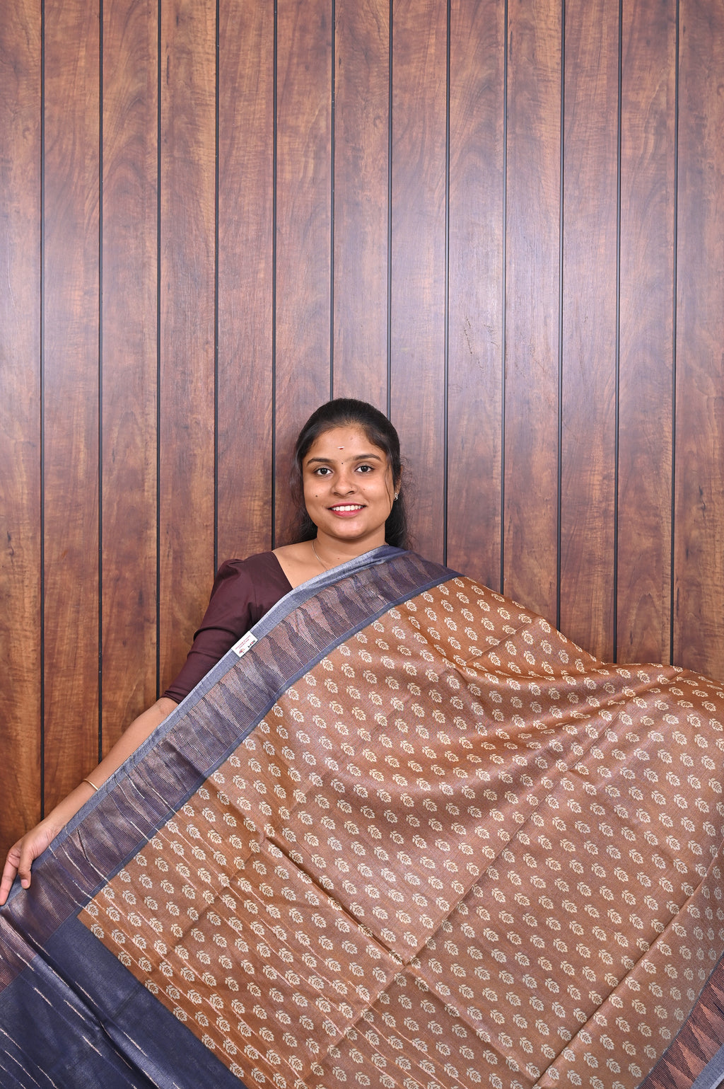 Baswada Cotton Saree SLM-BSW-0020 - Rust brown with an all-over butta print - front view