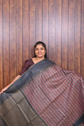 Baswada Cotton Saree SLM-BSW-0023 - Rose with a zigzag print and grey pallu - front view