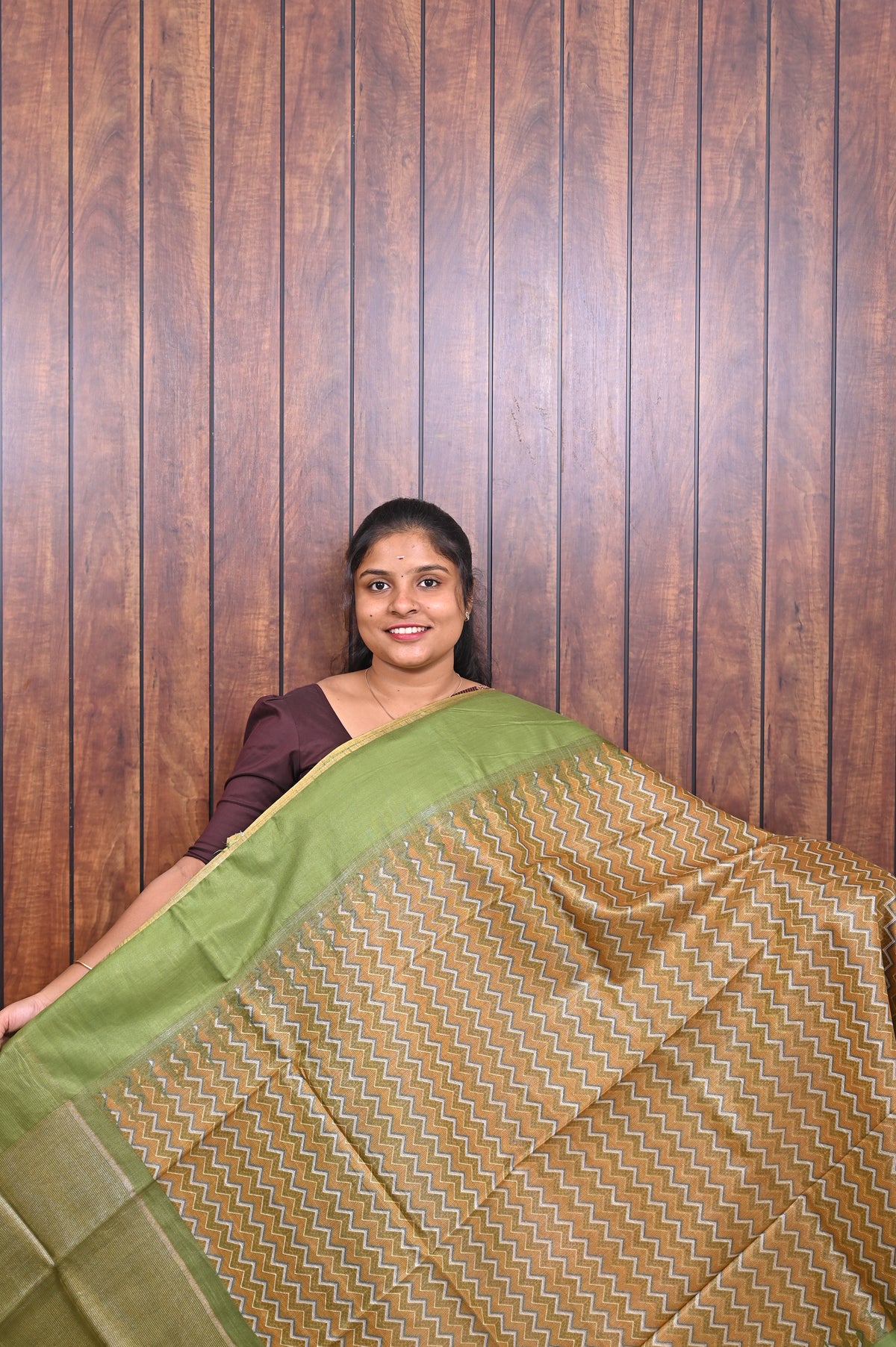 Baswada Cotton Saree SLM-BSW-0025 - Mustard brown with a zigzag print and green border - front view