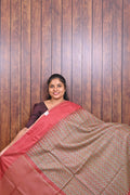 Baswada Cotton Saree SLM-BSW-0026 - Brown with a zigzag print and coral border - front view