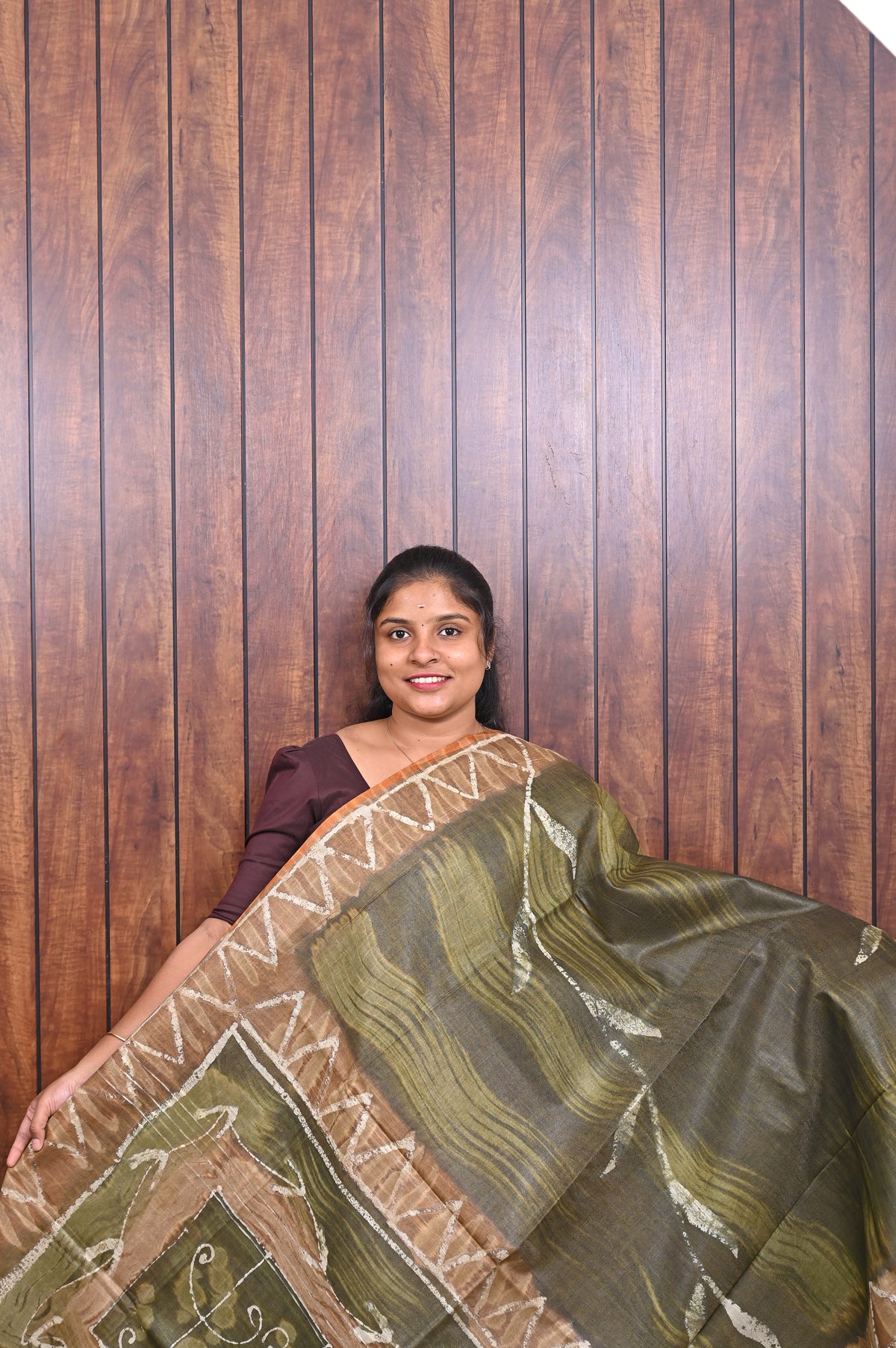 Baswada Cotton Saree SLM-BSW-0028 - Olive green with a printed geometric border - front view