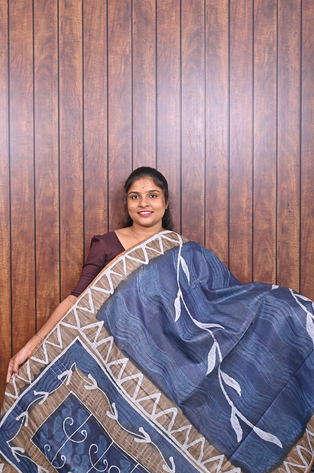 Baswada Cotton Saree SLM-BSW-0029 - Denim blue with a printed geometric border - front view