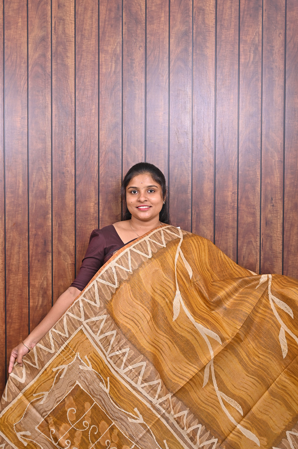 Baswada Cotton Saree SLM-BSW-0030 - Mustard yellow with a printed geometric border - front view