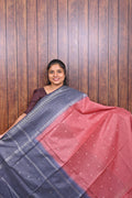 Baswada Cotton Saree SLM-BSW-0031 - Pink with butta motifs and a slate blue pallu - front view
