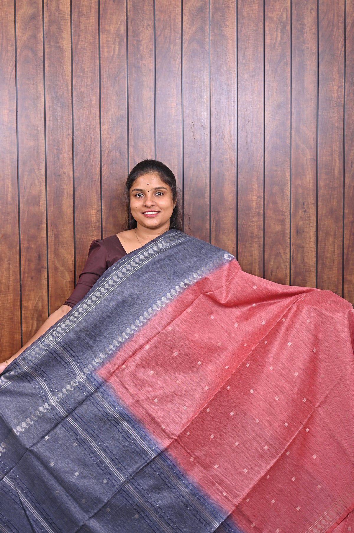 Baswada Cotton Saree SLM-BSW-0031 - Pink with butta motifs and a slate blue pallu - front view