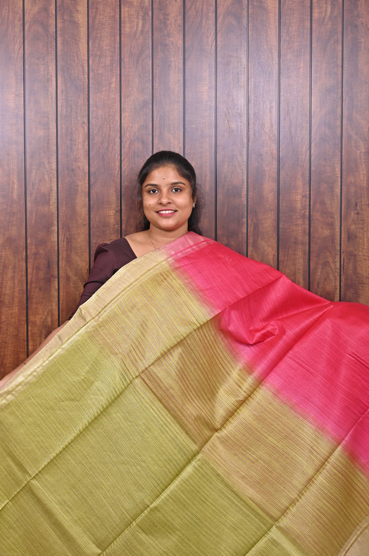 Baswada Cotton Saree SLM-BSW-0033 - Rani pink with a lime green pallu - second view