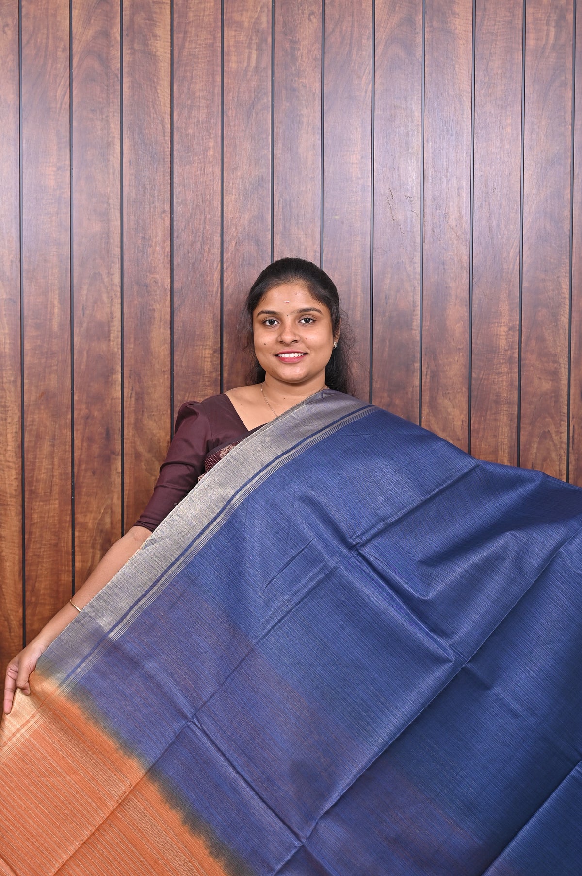 Baswada Cotton Saree SLM-BSW-0034 - Navy blue with an orange pallu - front view