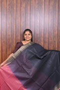 Baswada Cotton Saree SLM-BSW-0035 - Charcoal black with a pink ombré pallu - front view