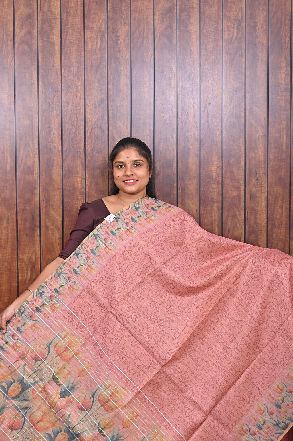 Baswada Cotton Saree SLM-BSW-0036 - Coral pink with a floral printed border - front view