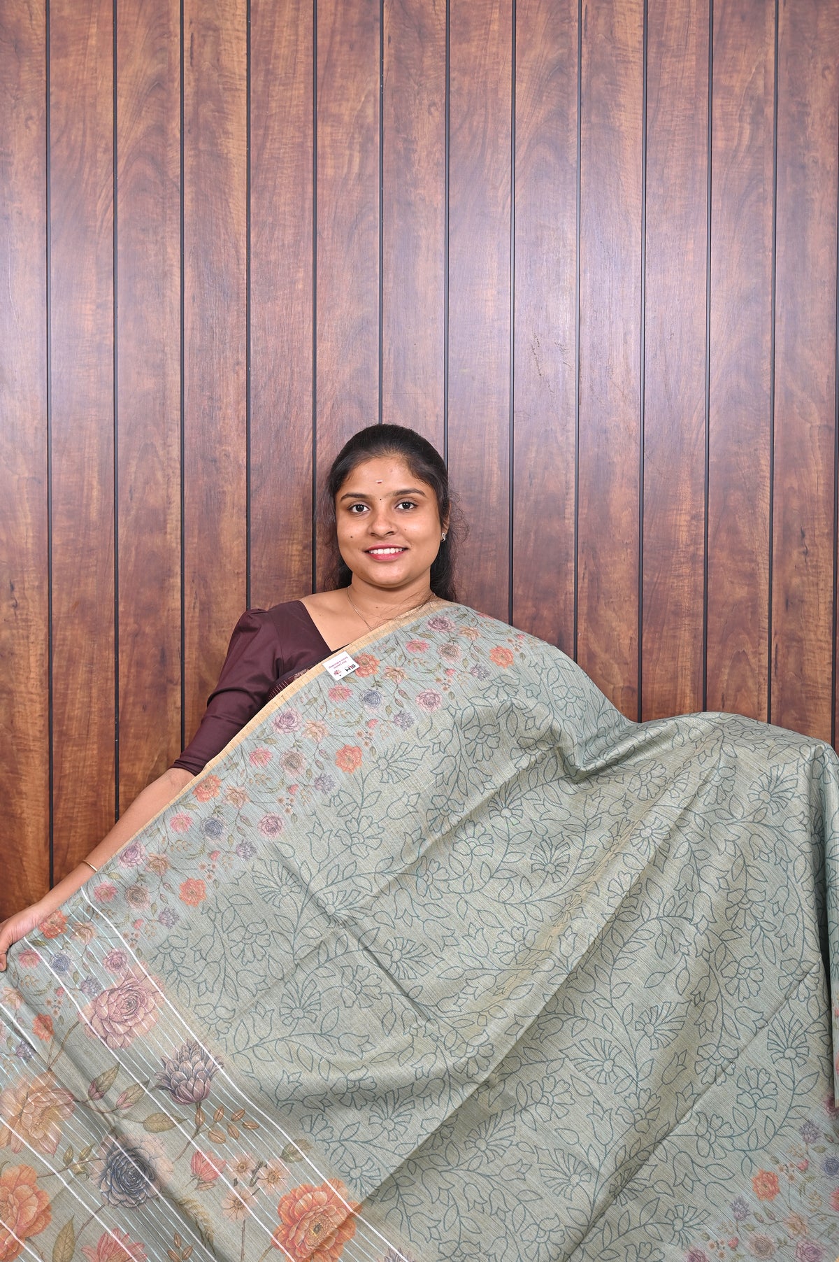 Baswada Cotton Saree SLM-BSW-0037 - Sage green with a floral printed border - front view