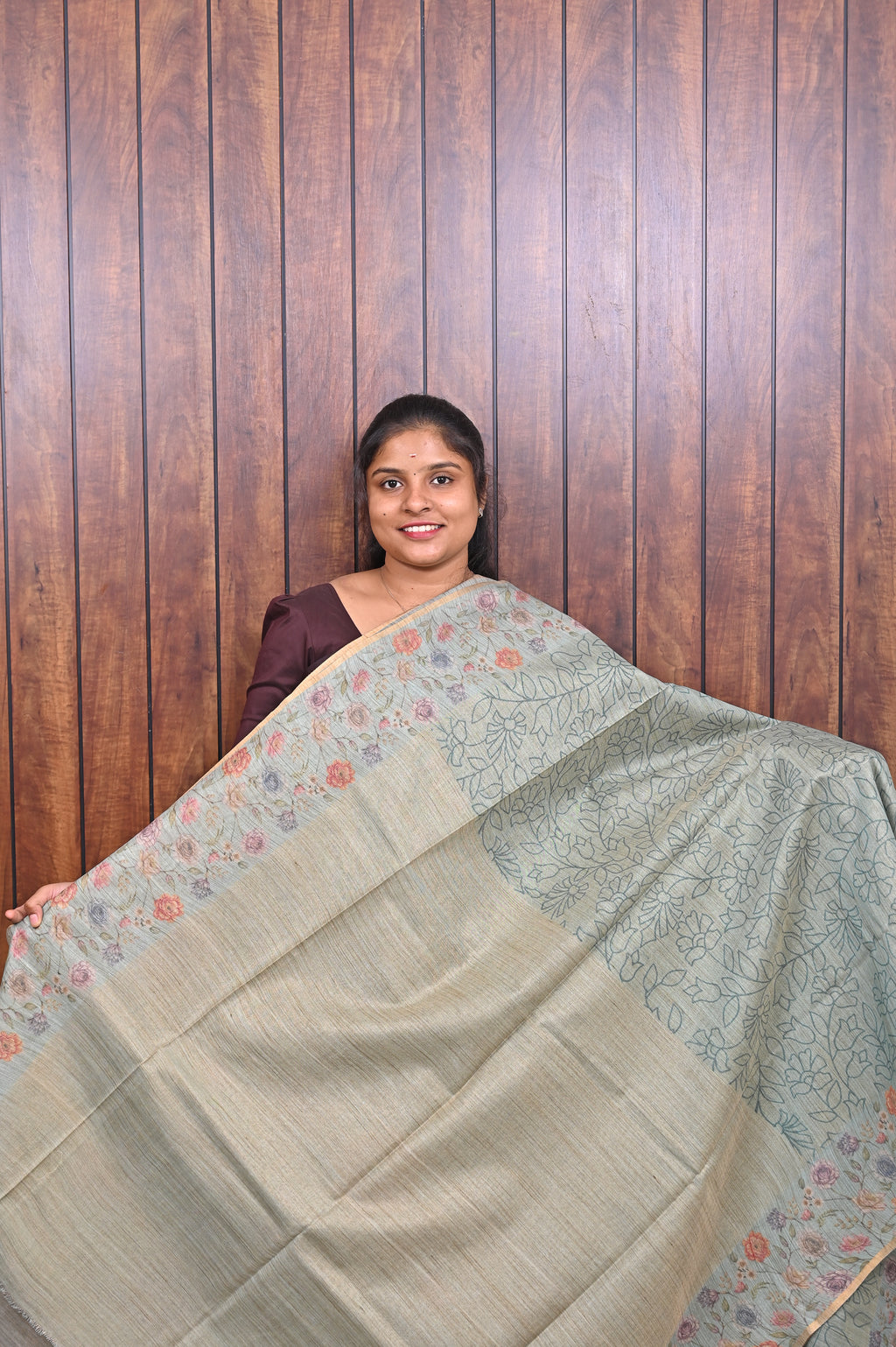 Baswada Cotton Saree SLM-BSW-0037 - Sage green with a floral printed border - second view
