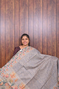 Baswada Cotton Saree SLM-BSW-0038 - Grey with a floral printed border - front view
