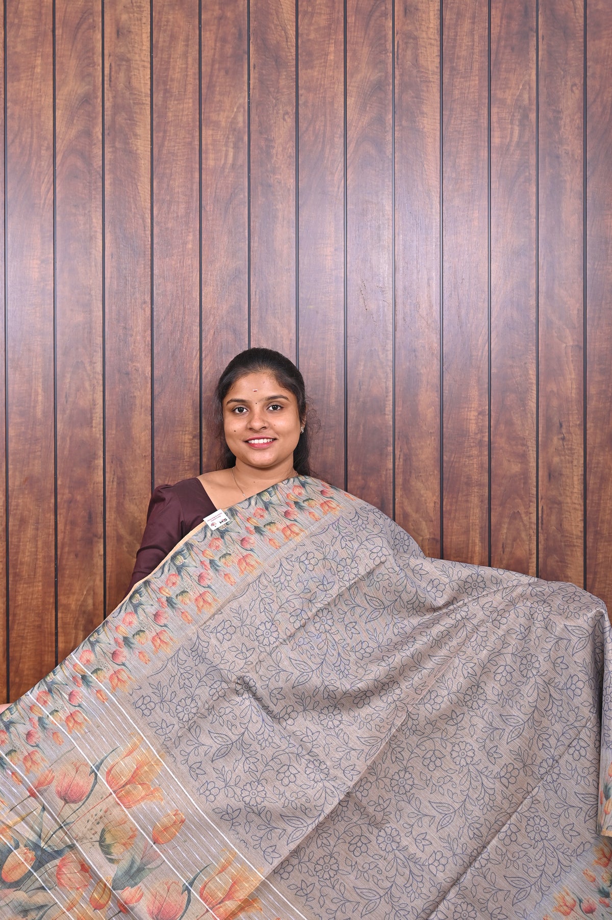 Baswada Cotton Saree SLM-BSW-0038 - Grey with a floral printed border - front view