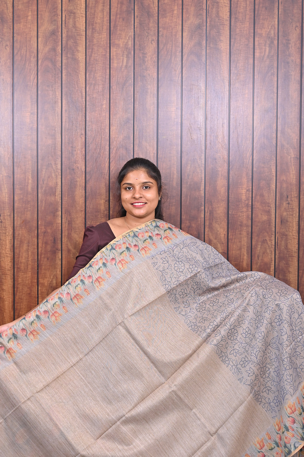 Baswada Cotton Saree SLM-BSW-0038 - Grey with a floral printed border - second view