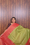Baswada Cotton Saree SLM-BSW-0040 - Lime green with a red pallu - front view