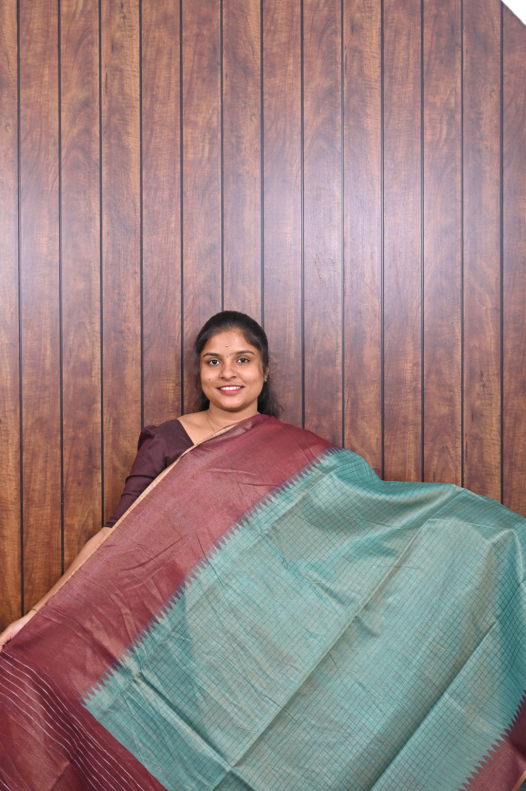 Baswada Cotton Saree SLM-BSW-0041 - Sea green with a maroon pallu - front view