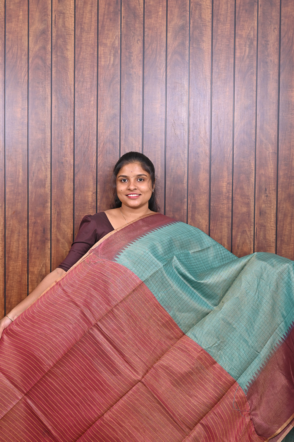 Baswada Cotton Saree SLM-BSW-0041 - Sea green with a maroon pallu - second view