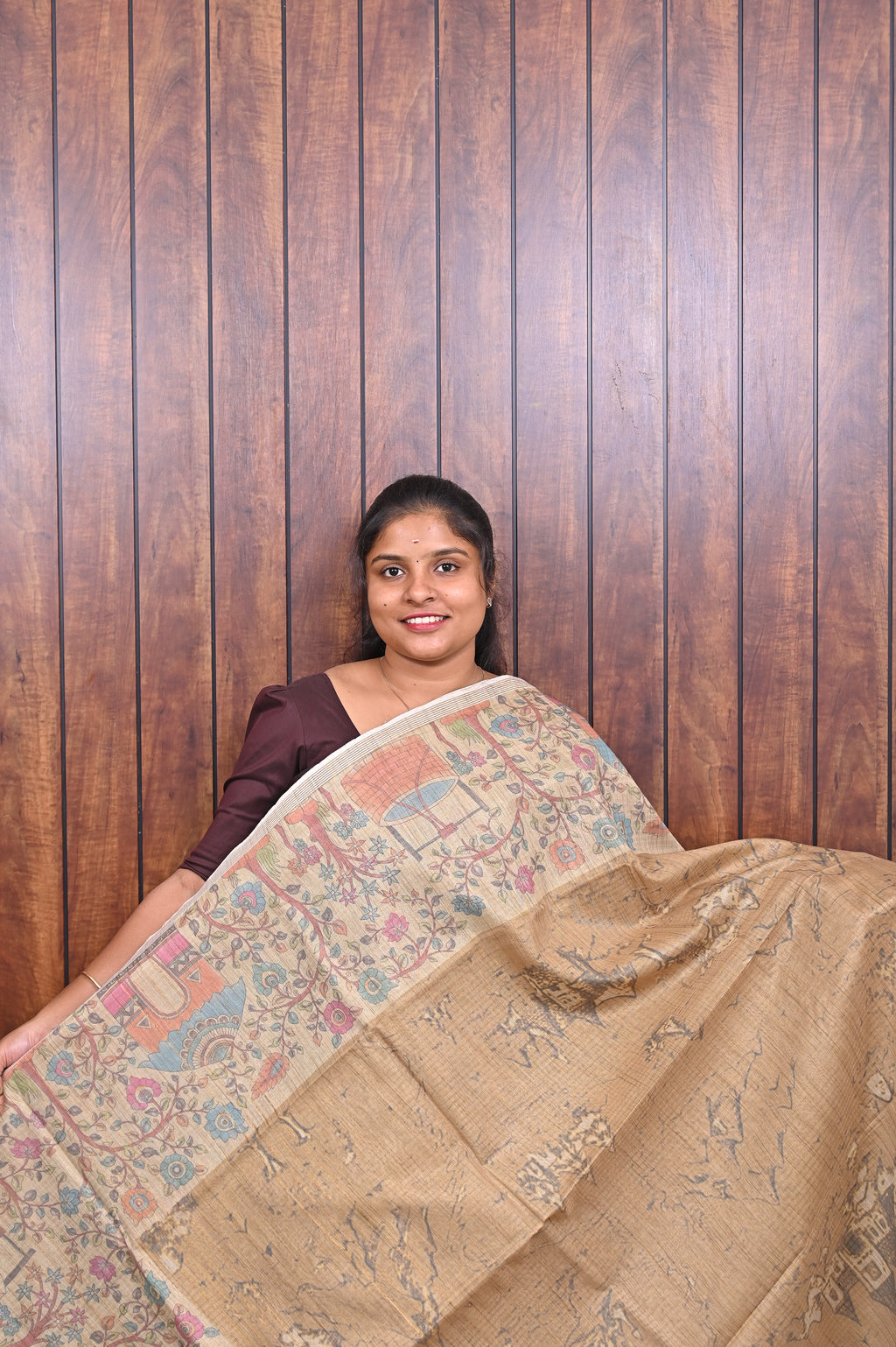 Baswada Cotton Saree SLM-BSW-0042 - Beige with a printed pallu - front view