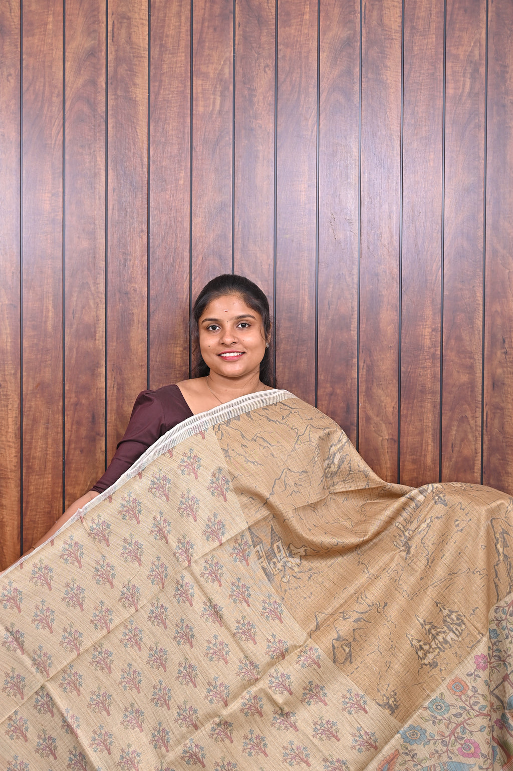 Baswada Cotton Saree SLM-BSW-0042 - Beige with a printed pallu - second view