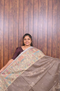 Baswada Cotton Saree SLM-BSW-0043 - Taupe brown with a printed pallu - front view