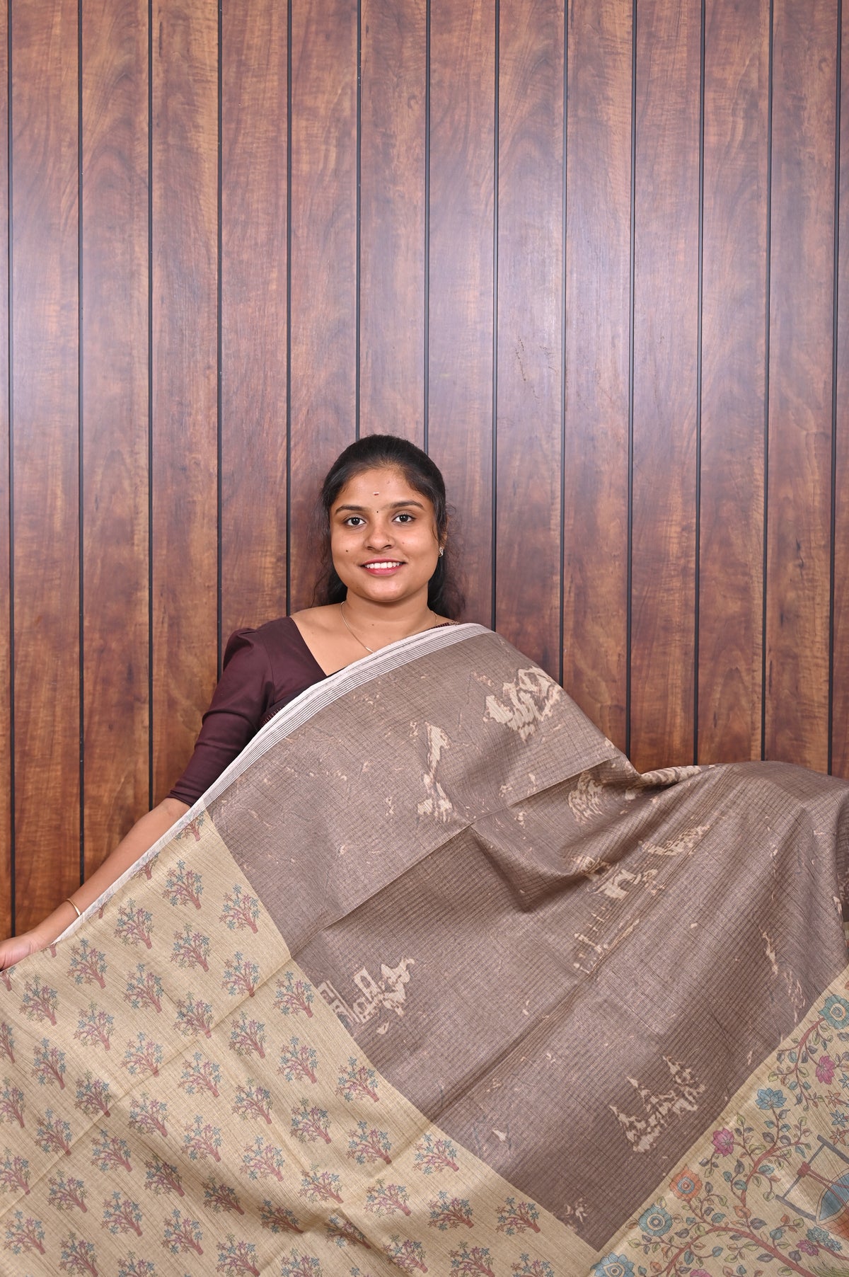 Baswada Cotton Saree SLM-BSW-0043 - Taupe brown with a printed pallu - second view