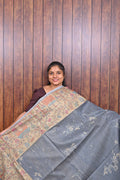 Baswada Cotton Saree SLM-BSW-0044 - Steel blue with a printed pallu - front view