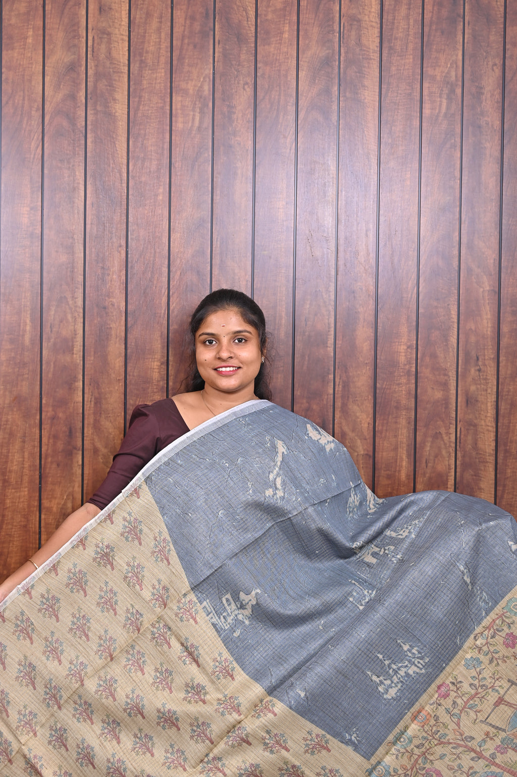 Baswada Cotton Saree SLM-BSW-0044 - Steel blue with a printed pallu - second view