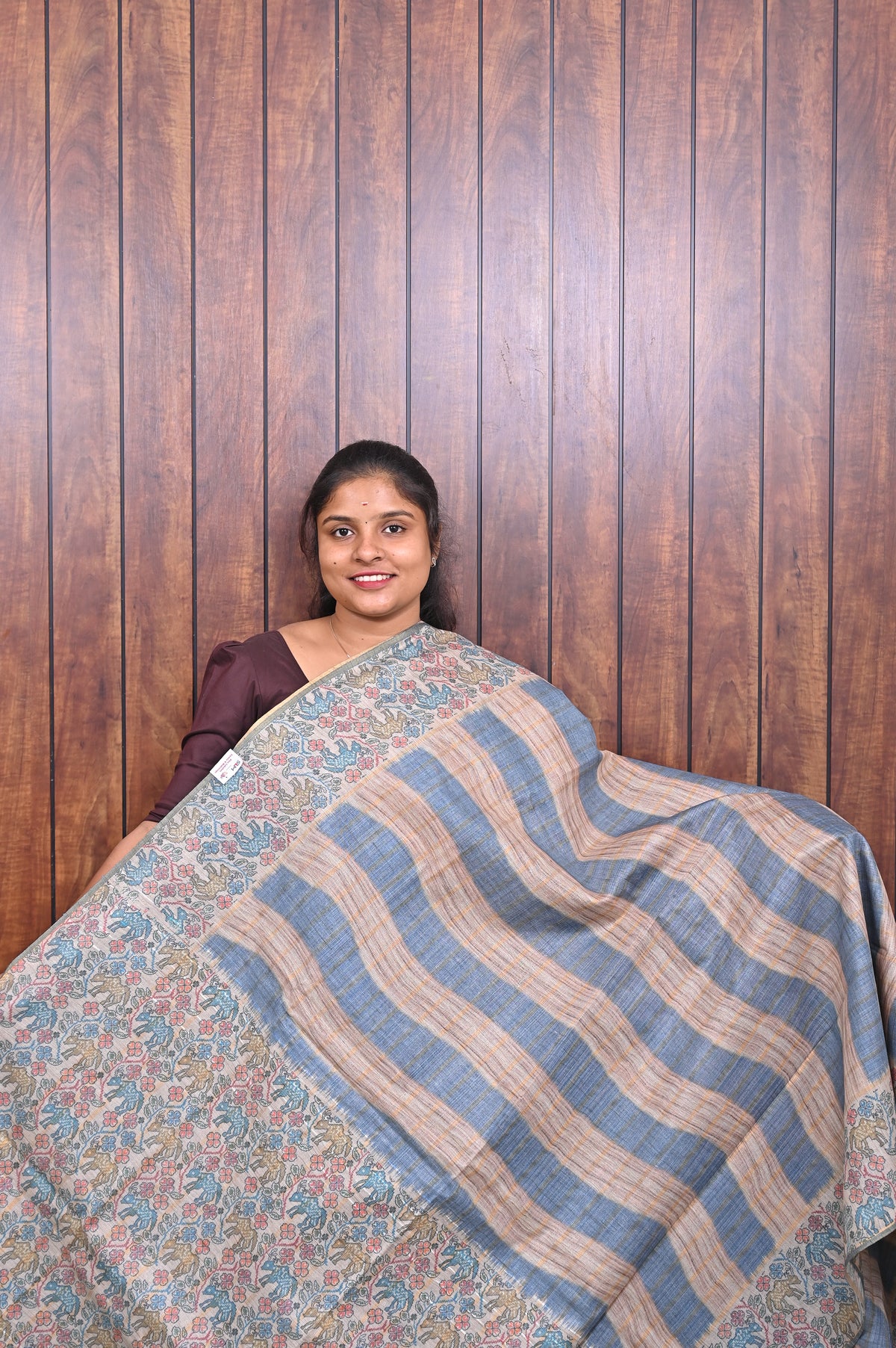 Baswada Cotton Saree SLM-BSW-0047 - Blue and beige stripes with a printed pallu - front view