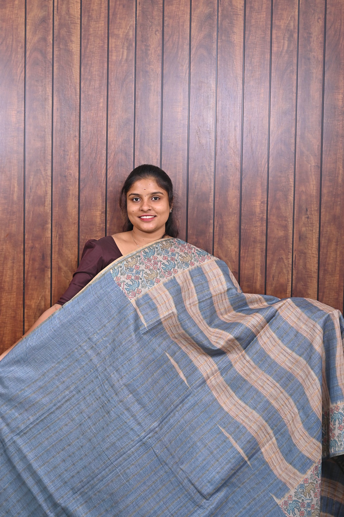 Baswada Cotton Saree SLM-BSW-0047 - Blue and beige stripes with a printed pallu - second view
