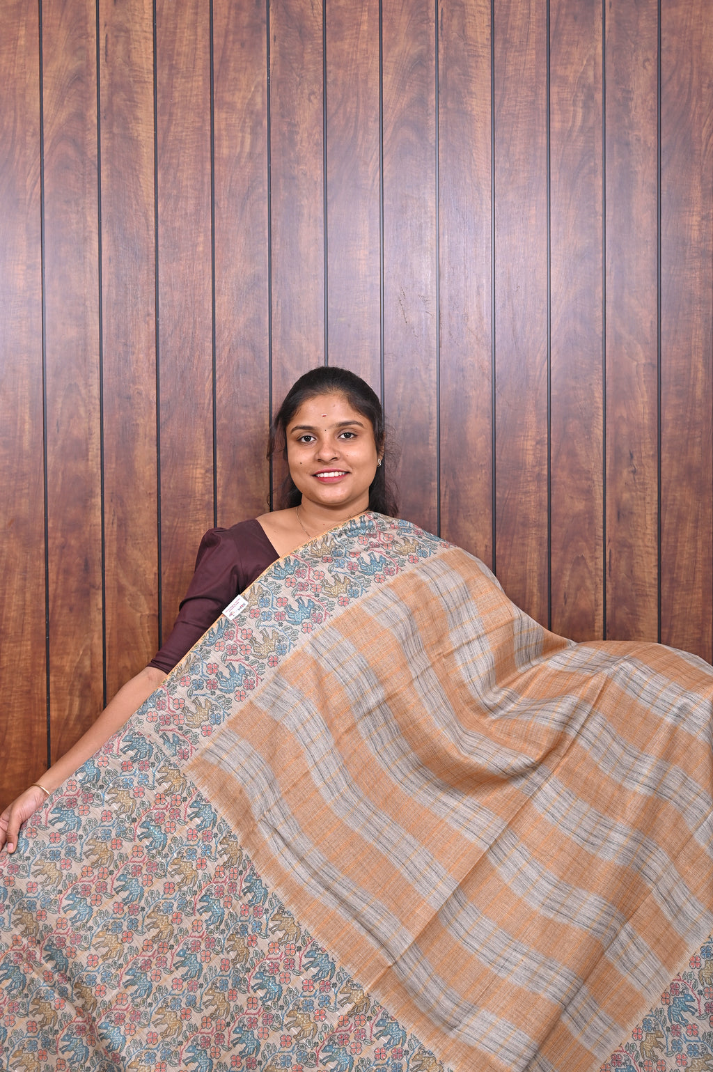 Baswada Cotton Saree SLM-BSW-0048 - Peach and beige stripes with a printed pallu - front view