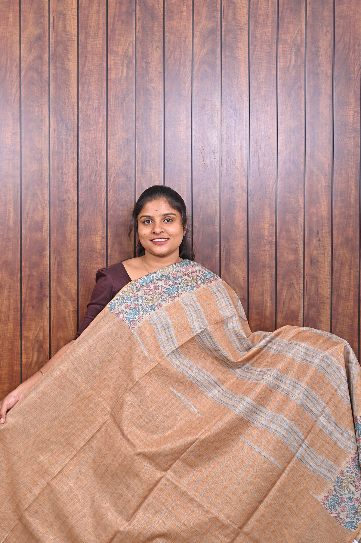 Baswada Cotton Saree SLM-BSW-0048 - Peach and beige stripes with a printed pallu - second view