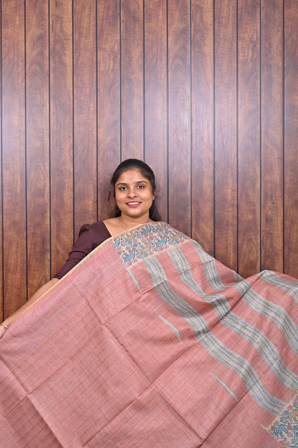 Baswada Cotton Saree SLM-BSW-0049 - Coral and grey stripes with a printed pallu - second view