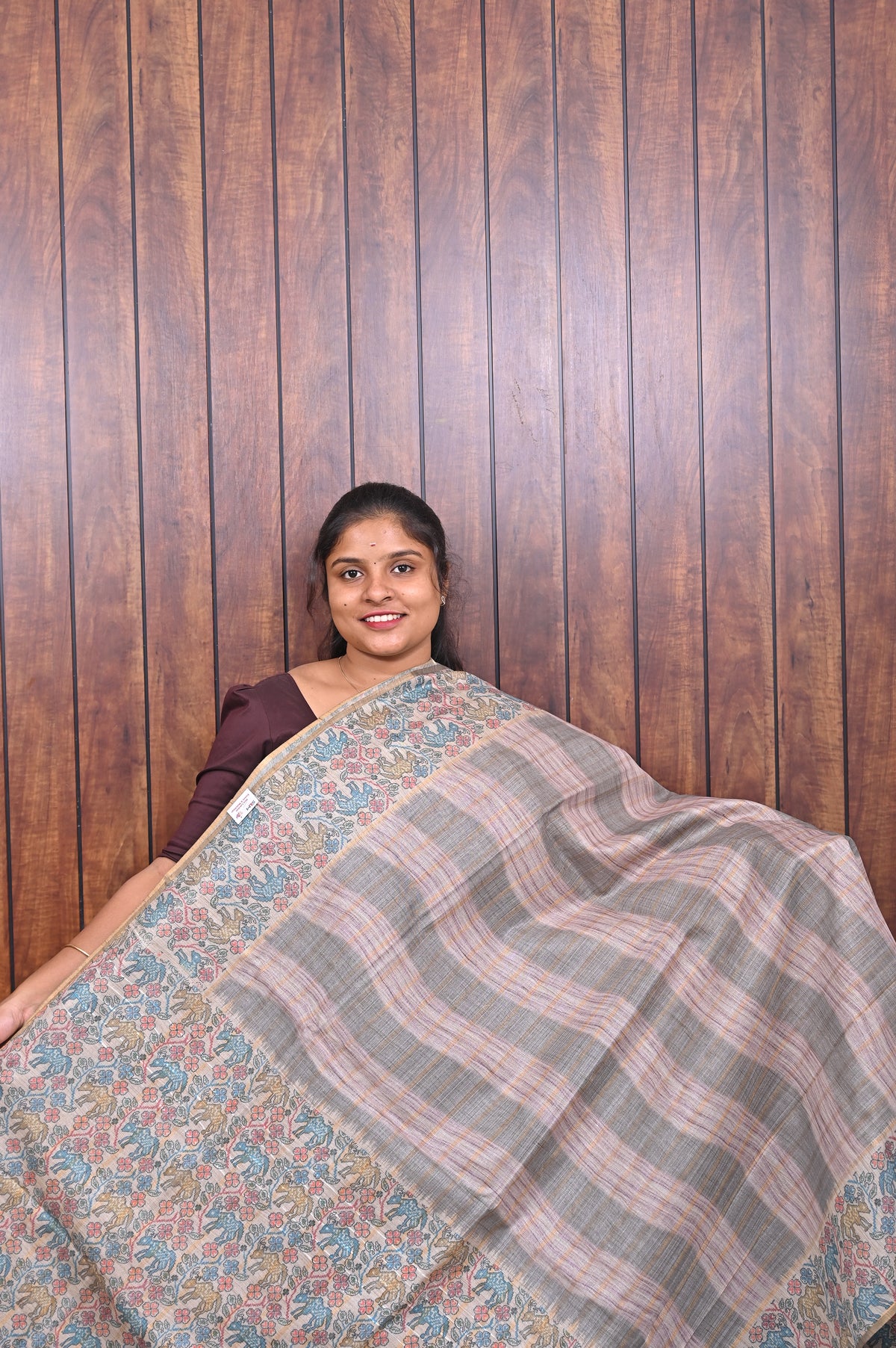 Baswada Cotton Saree SLM-BSW-0050 - Mauve and grey stripes with a printed pallu - front view