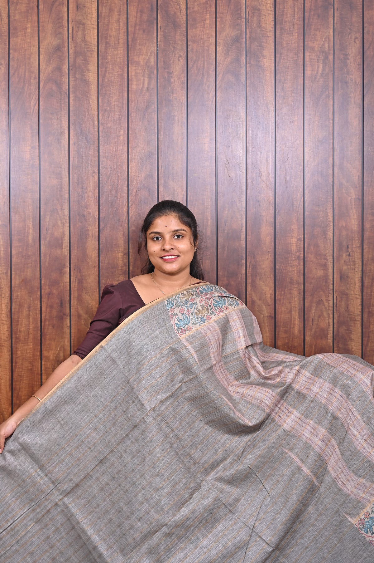 Baswada Cotton Saree SLM-BSW-0050 - Mauve and grey stripes with a printed pallu - second view