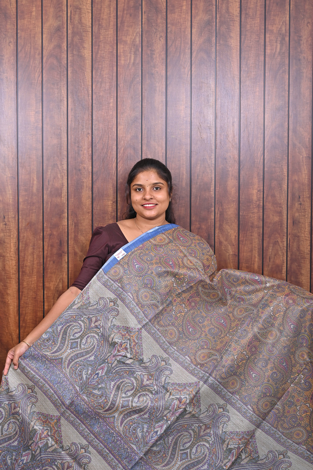 Baswada Cotton Saree SLM-BSW-0051 - Grey with an all-over paisley print - front view