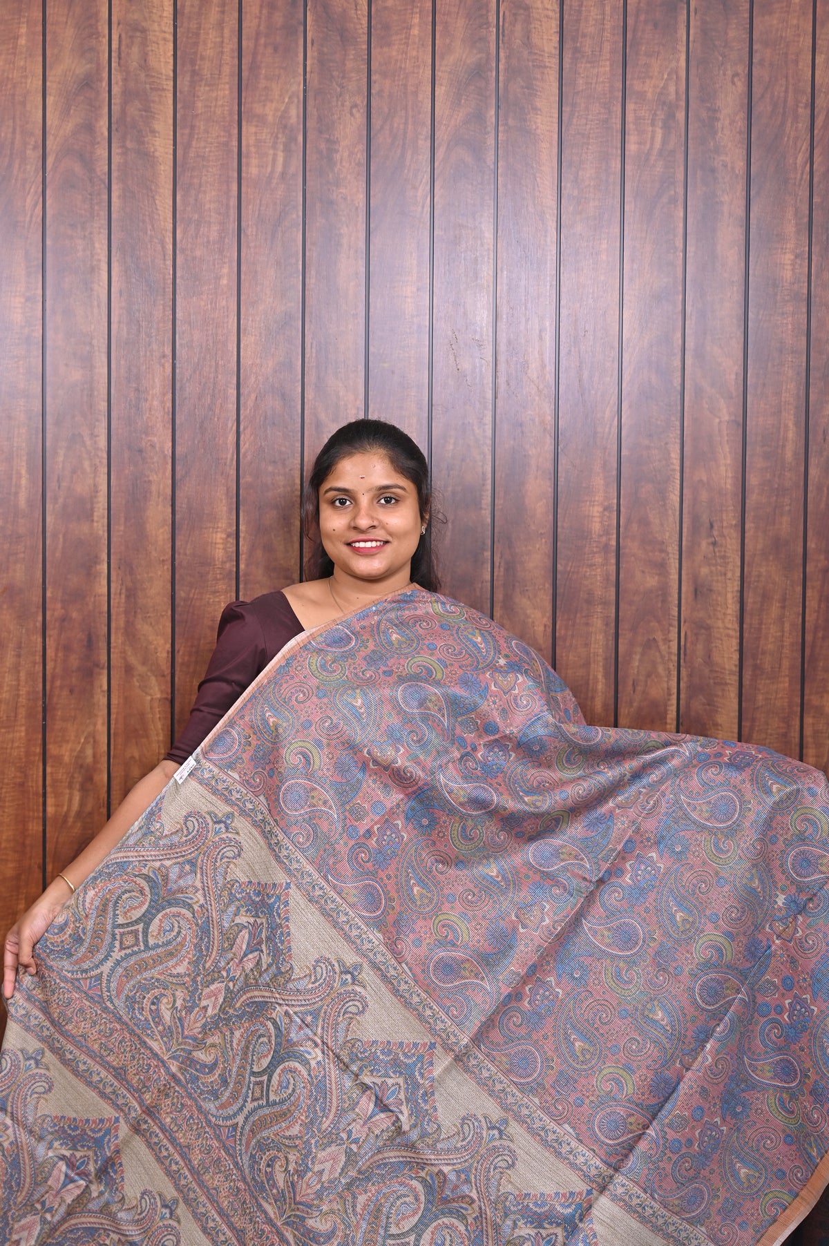 Baswada Cotton Saree SLM-BSW-0052 - Rose grey with an all-over paisley print - front view
