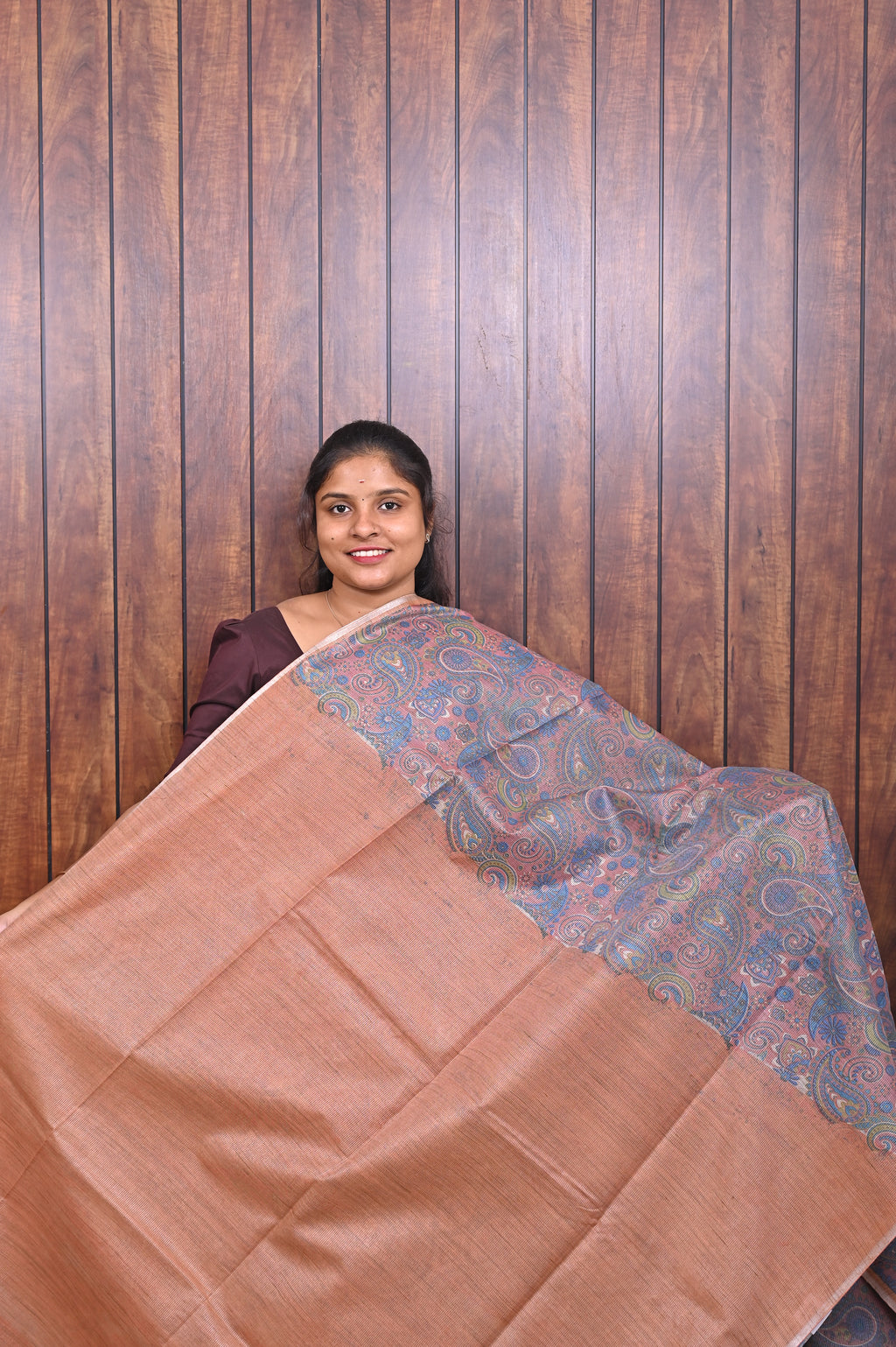 Baswada Cotton Saree SLM-BSW-0052 - Rose grey with an all-over paisley print - second view
