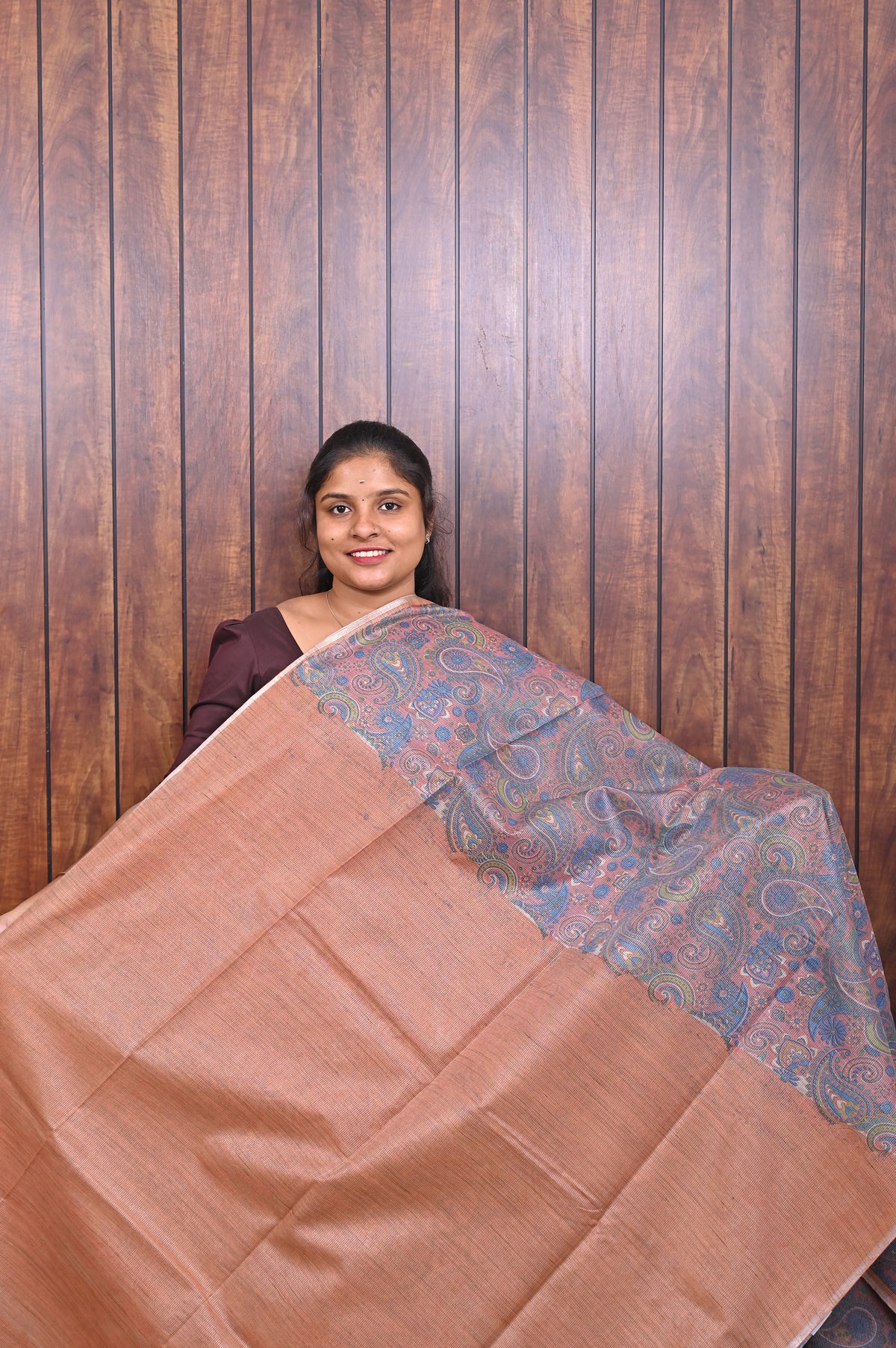 Baswada Cotton Saree SLM-BSW-0052 - Rose grey with an all-over paisley print - second view