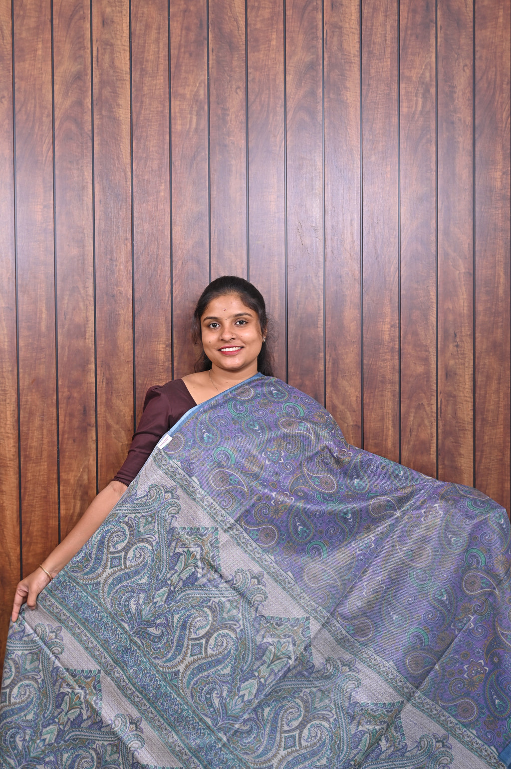 Baswada Cotton Saree SLM-BSW-0053 - Blue-grey with an all-over paisley print - front view