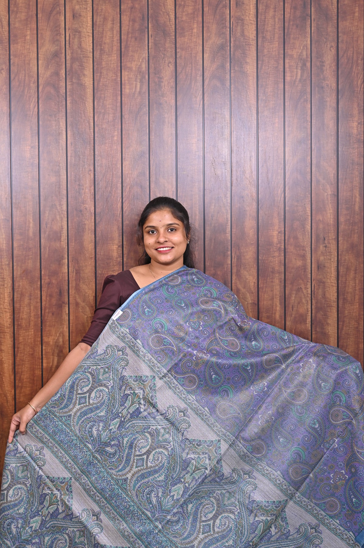 Baswada Cotton Saree SLM-BSW-0053 - Blue-grey with an all-over paisley print - front view